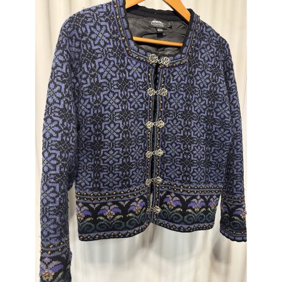 Icelandic Design Wool Cardigan Purple Floral Nordic Sweater W/metal Clasps Sz Lg - Picture 1 of 8